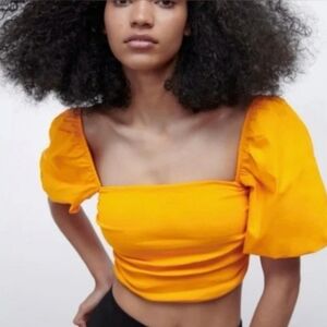 Zara Combination Puff Sleeve Crop Top Orange Women Sz S Square Neck Bold Vibrant